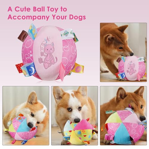 Letalong Dog Squeaky Plush Toy with Straps, 6-Inch Soft Stuffed Ball with Cotton Material and Bell Built-in, Pet Interactive Fetch Toy for Small to Large Dog - color: Pink