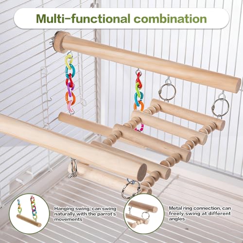 Bird Perches Ladder with Swing,Natural Wood Parrot Climbing Bridge Toys - color: A