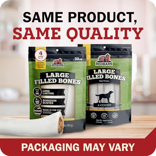 Redbarn Pet Products Large Filled Dog Bones, Cheese & Bacon Flavor - Long Lasting Stuffed Femur Chew Treat Made in USA - 4 Count - Packaging May Vary (Pack of 3) - size: 4 Count (Pack of 3)