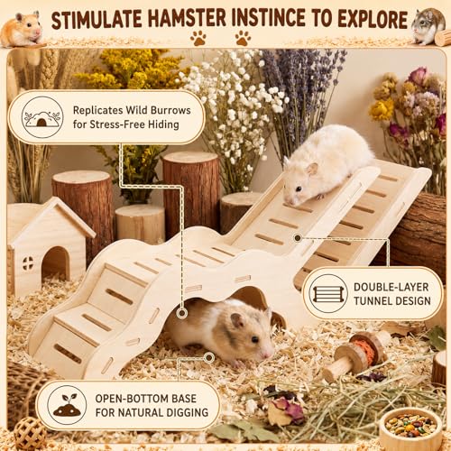 Novabright 5 Pcs Hamster Wooden Platform Set Including Hideout Climbing Tunnel Platform Coconut Hut Hamster Bed Flexible Fence Bridge Wooden House Cage Accessories for Small Animal Dwarf Syrian - style: Hideout Tunnel Set
