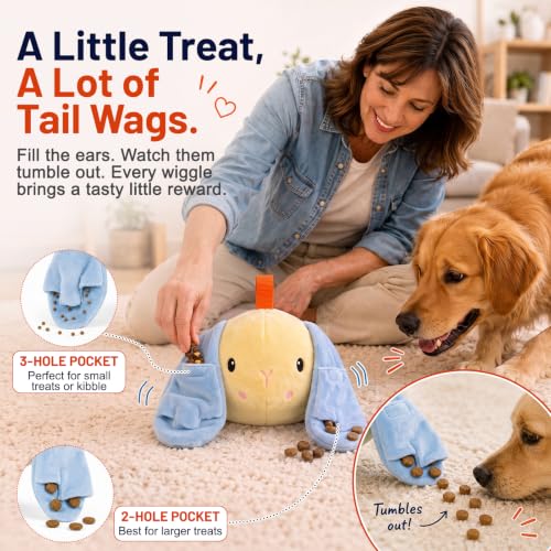 Interactive Automatic Dog Toys - Boredom-Busting Self-Moving Vibrating Plush Bunny with Voice Playback, Treat-Dispensing, Squeaky & Crinkle, Rechargeable, Safe & Washable for Puppies to Large Dogs