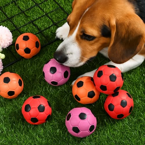 Sumind 9 Pcs Latex Squeaky Dog Toys 2.76 inch Soccer Ball Interactive Fetch Toys Soft Football Puppy Chew Balls for Small Medium and Large Dogs(Orange, Red, Purple) - color: Orange, Red, Purple