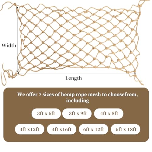 Jute Hemp Rope Net(4ftx12ft), Heavy Duty Natural Climbing Safety Rope Netting Balcony Stairs Fence Garden Playground Protection Net Indoor & Outdoor Decor Rope Net - size: 4ftx12ft