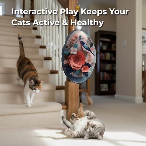 Interactive Cat Toys for Indoor Cats, Automatic Concealed Hide and Seek Hanging Feather Cat Toy, Rechargeable Motion-Activated Enrichment Toys for Bored Adult Cats (Bird & Flowers Pattern） - color: red