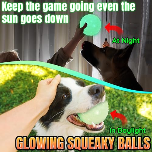 LECHONG 4-Pack 3.5” Glow Squeaky Dog Balls,Bouncy Glow in The Dark Dog Ball with Squeaker, Durable Dog Rubber Ball Toys Glowing Fetch Balls for Medium Large Dogs Nighttime Playing Indoors & Outdoors - size: 3.5in Large Regular