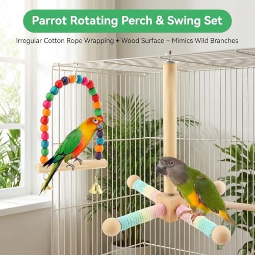 Parrot Interactive Rotating Perch, 360°Silent Free-Spin, Hanging Bird Perch Toy with Poplar Swing for Parrots, Parakeets, Cockatiels, Small to Medium Birds