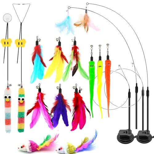 4-in-1 Interactive Cat Toys Set - Feather, String,Suction Cup Cat Toy Stick & Wand Toys with 15 Replaceable Attachments for Indoor Cats