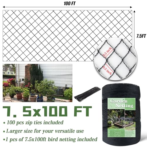 7.5 x 100 FT Bird Netting, 1/2" Mesh Garden Netting, 50PCS Zip Tie - size: 7.5 x 100 FT