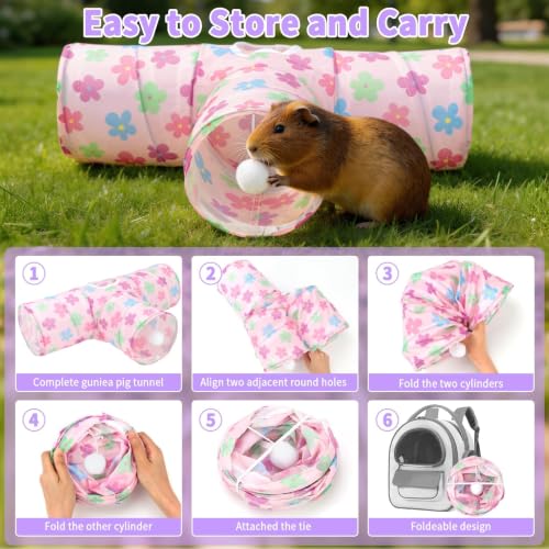 Rypet Guinea Pig Tunnel Hideout 3-Way Collapsible Small Pet Tubes, Pink - color: Flower