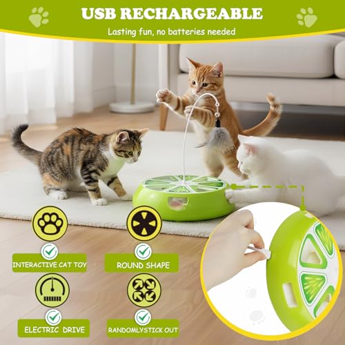 Puffluv Interactive Cat Toy,2 in 1Fruite Shape Toys with Electric Moving Concealed and Hanging Feathers Pop and Play Hide Seek, Hunting Tpye-C Rechargeable-Green Lime - color: Lime Green