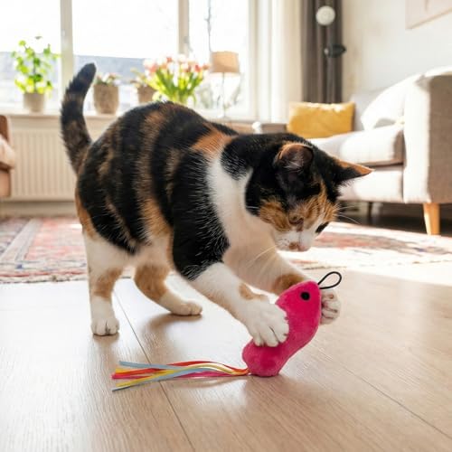 6 Pcs Catnip Cat Fish and Mice Toys, Cat Ribbon Toy Pink Cat Mouse Toy Cute Cat Feather Wand Accessories Interactive Cats Toys for Indoor Cats Kitten Play Exercise Chew