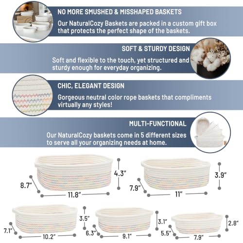 NaturalCozy 5-Piece Rectangle Storage Basket Set- Natural Cotton Rope Woven Baskets for Organizing! Small Basket for Montessori, Baby Nursery, Dog Toy Baskets, Cat Toy Box, Bathroom Organization Bin - color: Off White & Rainbow Stitching