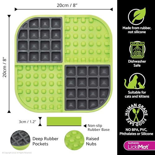 LickiMat Slomo, Cat Slow Feeder Lick Mat, Boredom Anxiety Reducer; Perfect for Food, Treats, Yogurt, or Peanut Butter. Fun Alternative to a Slow Feed Cat Bowl or Dish, Green - color: Green