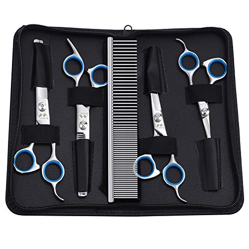 Dog Scissors with Round Tip, 6 in 1 Dog Grooming Kit, Stainless Steel Pet Grooming Scissors for Full Body, Face, Nose, Ear and Paw (Blue)