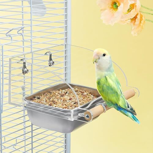 Bird Cage Seed Catcher Feeder with Perch Anti-Slip Stand, Parrot Food Bowl - size: L