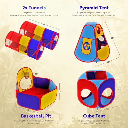Playz 5pc Pop Up Play Tent and Crawl Through Tunnels for Kids w/Carry Bag - color: Blue, Yellow, Red