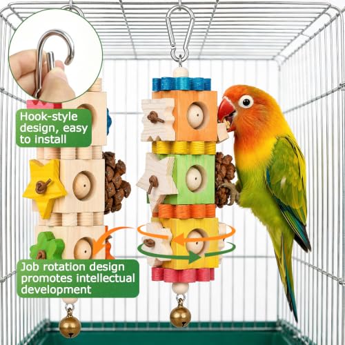 2 Pcs Bird Chew Toys for Parrots, Rotating Wooden Block Foraging Toy with Pine Cones & Bell, Hanging Multi-Layer Parrot Enrichment Cage Accessories for Beak Grinding, for Conure, Cockatiel, Budgie