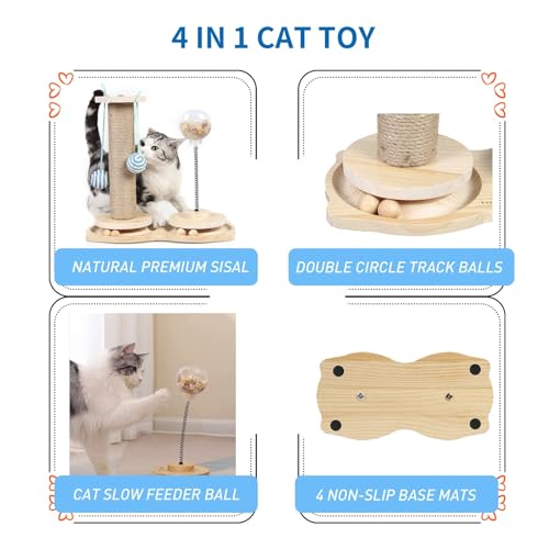 Marchul 4 in1 Interactive Cat Toy, Natural Sisal Cat Scratching Post with Hanging Balls, Cat Toys with Roller Track Ball by Wooden, Cat Food Feeder Toy with Treat Ball for Indoor Cats and Kittens