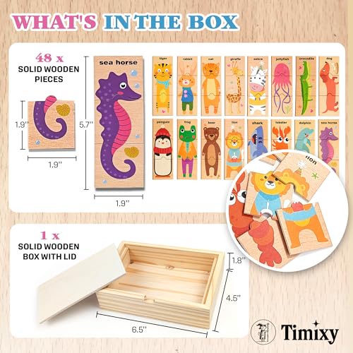 Montessori Wooden Animal Puzzle Toy Ages 3+, 48pc Matching Game with Box