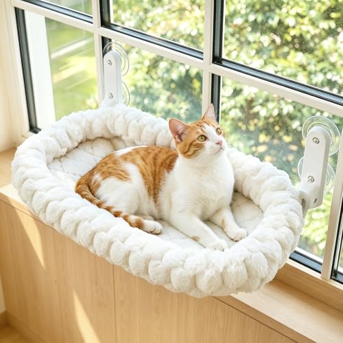 AMOSIJOY Foldable Cat Window Perch with Cloud-Soft Cushion Bed, L White - color: White Striped Cushion Bed, size: Large
