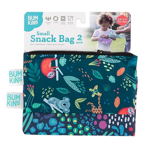 Bumkins Reusable Snack Bags, for Kids School Lunch and for Adults Portion, Washable Fabric, Waterproof Cloth Zip Bag, Supplies Travel Pouch, Food-Safe, 2-pk Jungle and Animal - color: E2 Jungle-Sm