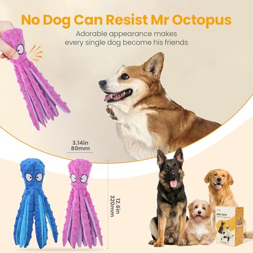 HGB Squeaky Dog Toys No Stuffing Octopus Crinkle for Large Medium Small Dog - color: Octopus Purple & Blue