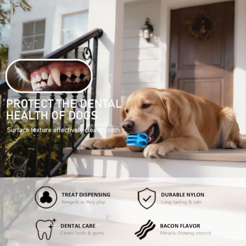MECOOL 2PCS Durable Dog Chew Toys, Squeaky Chew Ball & Treat Dispensing Toy, Tough Nylon Ends & Natural Rubber for Aggressive Chewers, Interactive Puzzle Toys for All Breed Dogs,Bacon Flavored,Blue - color: Blue