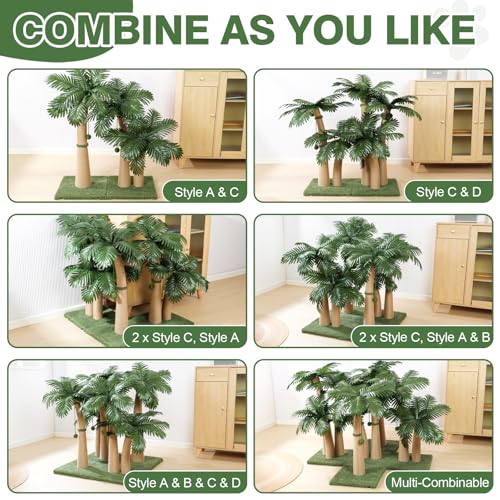 Palm Tree Cat Scratching Post, 36'' Cat Scratcher Post with Natural Sisal Rope, 5 Interactive Balls and 2 Curved Design Scratching Posts for Indoor Cats Adults and Kittens, Multi-Combinable (Style C) - size: Style C