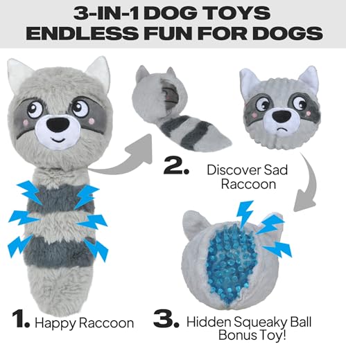 Fida Squeaky Dog Toys for Aggressive Chewers, 3 in 1, Tough Dog Ball - color: Grey Raccoon