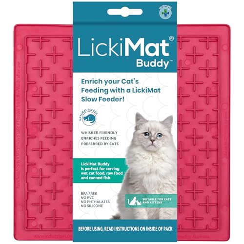 LickiMat Classic Buddy, Cat Slow Feeder Lick Mat, Boredom Anxiety Reducer; Perfect for Food, Treats, Yogurt, or Peanut Butter. Fun Alternative to a Slow Feed Cat Bowl or Dish, Pink - color: Pink