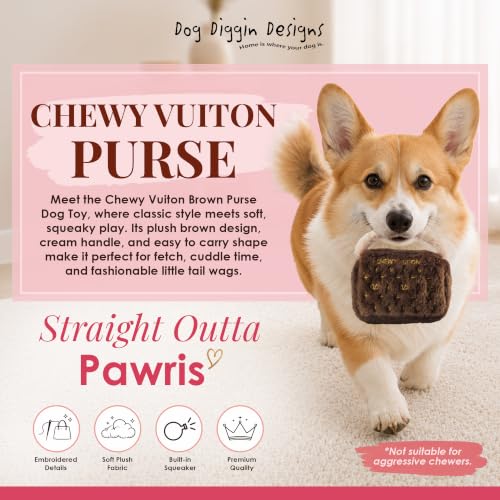 Dog Diggin Designs Chewy Vuiton Plush Dog Toy Purse | Luxury-Inspired Parody Designer Handbag with Squeaker, Soft Plush Fashion Dog Toy – Haute Couture Purses & Handbags - color: Brown Bag, size: Small