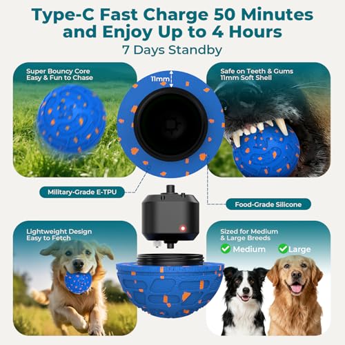Roinoim Automatic Interactive Dog Ball Toy, Motion Activated Durable Rope Dog Chew Toy, USB Rechargeable Pet Exercise Ball for High Energy Dogs, Indoor Outdoor Playing, Blue
