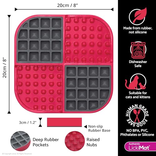 LickiMat Slomo, Cat Slow Feeder Lick Mat, Boredom Anxiety Reducer; Perfect for Food, Treats, Yogurt, or Peanut Butter. Fun Alternative to a Slow Feed Cat Bowl or Dish, Red - color: Red
