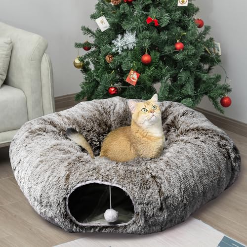 AUOON Plush Cat Tunnel Bed for Indoor Cats, 36" L x 36" W x 11.5" H, Brown - color: Brown