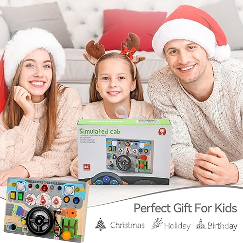 Wooden Montessori Busy Board for Toddlers 4-8 - Wooden Dashboard Steering Wheel Toy， Fine Motor Skill Development Toy for Kids 3-6， Educational Pretend Driving Busy Board for Boys & Girls