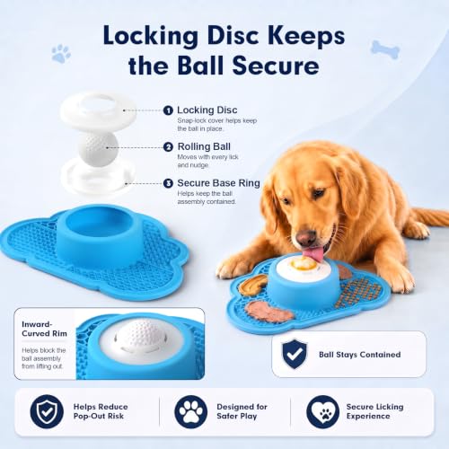 Anti-Slip Slow Feeder Dog Bowl and Lick Mat with Rolling Ball - color: Blue