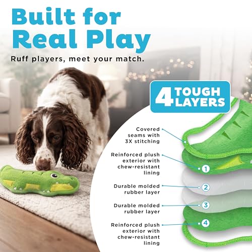 Outward Hound Tough Skinz Dog Toy, Durable Plush with 2X Lining, No Stuffing, Jumbo Squeaker, Alligator, 9.5" - color: Alligator Green, size: Medium