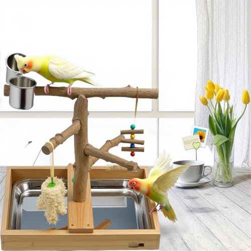 Bird Perch Stand, Natural Wood Bird Perch Stand, Wooden Parrot Perch Stand Fork Toys Hanging Multi-Branch Rope Perch Platform Hammock Swing Toy Chewing Stick Cage Accessories - color: Style B