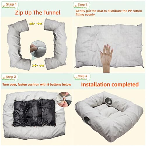 XxingSheep 4 Cave Premium Hemp Fabric XL Cat Tunnel Bed for Indoor Cats Cat Toys Cave Donut with Soft Mat - size: XL