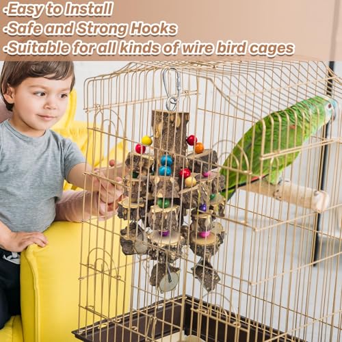 PINVNBY Large Bird Parrot Toys, Natural Wooden Blocks Chew Toy, Durable Cage Bite for African Grey Cockatoo Macaws Cockatiels Eclectus Large Medium Parrots (Small Size, Wire Link) - size: B: Wire Link, Pepper Wood