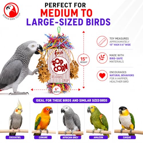Bonka Bird Toys Popcorn Explosion Bird Toy 15" x 6" Foraging Shredding Toy for Small to Medium Birds Parakeets Cockatiels Conures Natural Paper Cardboard Hanging Cage Toy (Pack of 2) - size: Pack of 2