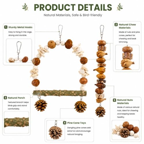 2 Pack Natural Bird Toys for Parakeets, Bird Chew Toys with Wooden Perch HangingToy, Natural Wood Beads, Pine Cone, Corn Husk, Cuttlebone and Fruit Materials for Budgies, Cockatiels and Small Parrots