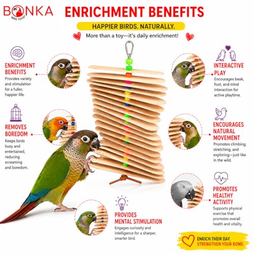 Bonka Bird Toys 867 Big Natural Stick Bird Toy 9.5" x 6" Natural Wood Metal and Plastic Interactive Chew Toy for Medium Parrots Beak Conditioning Climbing and Enrichment - size: Pack of 1
