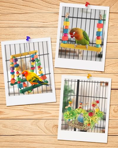 DBNESS Bird Hammock Toys Parakeet Perches Swing, 3in1 Detachable Parrot Cage Accessories, Wooden Hanging Chew Toys for Medium Conure Cockatiel Quaker Lory - size: 3 in 1