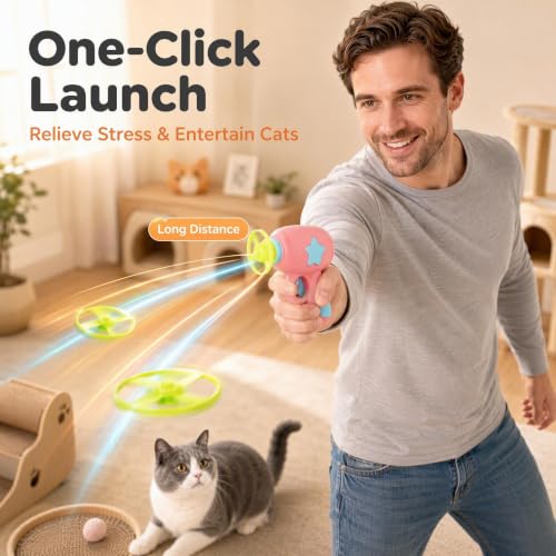 Cat Fetch Toy, Interactive Flying Cat Toy with 1 Light Up Spinning Tops, 1 LED Propellers and 4 Flying Propellers,Kitten Tracks Toy for Training Hunting Chasing(Pink) - color: Pink