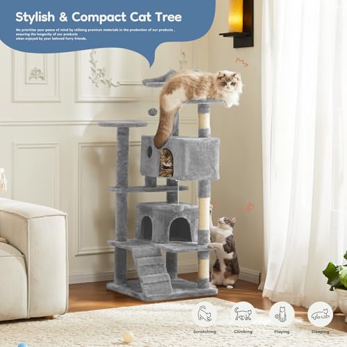 DUMOS 54 Inch Cat Tree Tower with Scratching Posts - color: Light Grey, size: 54'' × 20'' × 20''