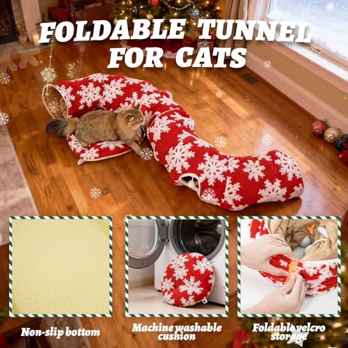 Cat Tunnel Christmas Tree Skirt, Foldable Peekaboo Donut Cave Bed - color: Red