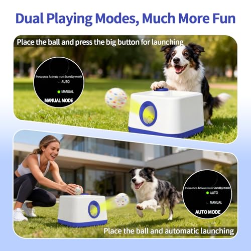 Automatic Dog Ball Launcher, Dual Auto-Manual Modes with Dog Barking Sound, Interactive Dog Fetch Toy, 3 Adjustable Distances, Dog Balls Thrower for Small & Medium Dogs, with 4 Durable ETPU Balls - color: White and Blue