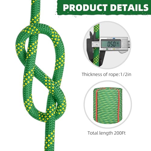 1/2 Inch Static Climbing Rope (200 Ft) - 9000lbs High Strength Arborist Bull Rope for Tree Pulling, Rigging & Rappelling - 48 Strand Polyester Braided Core, Green - size: 1/2in x 200ft, style: Green