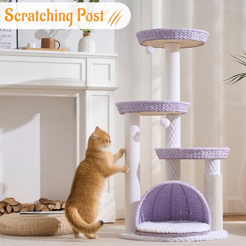 HITTITE Modern Cat Tree Tower with Scratching Post, 46 Inches Tall Cat Towers with Woven Cat Nests and Cave, Multi-Level Cat Tree With Removable Cushions and Massage Brush for Indoor Cats Large Adult. - color: 46"-Purple